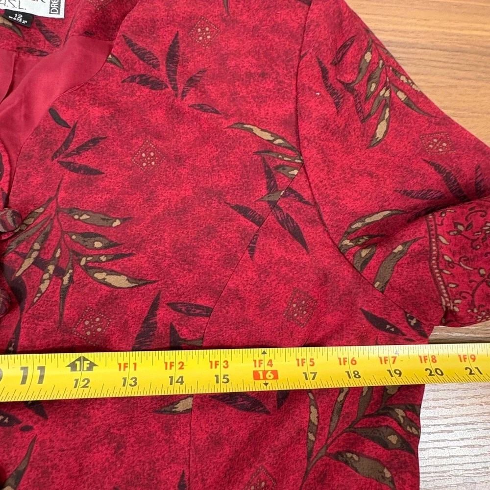 Kasper ASL Skirt Suit Women 12 Red Leaf Print Vintage 90s Rayon Whimsigoth Chic